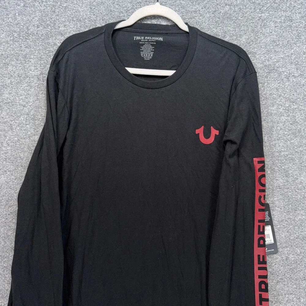 True Religion Shirt Mens Medium Black Red Buddha Logo Graphic Long Sleeve New